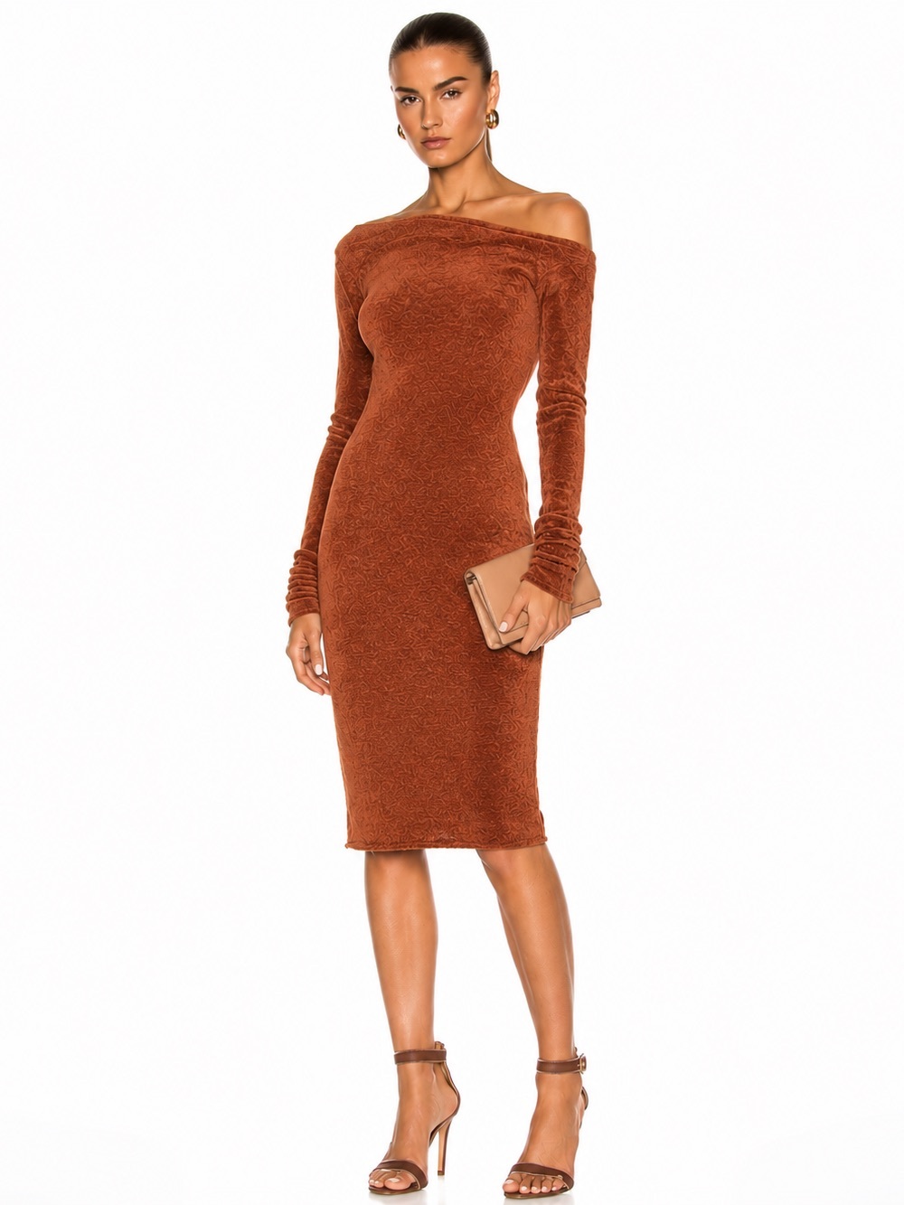HELMUT LANG Velveteen Knit Dress Burnt Umber Sleeveless Designer Size M